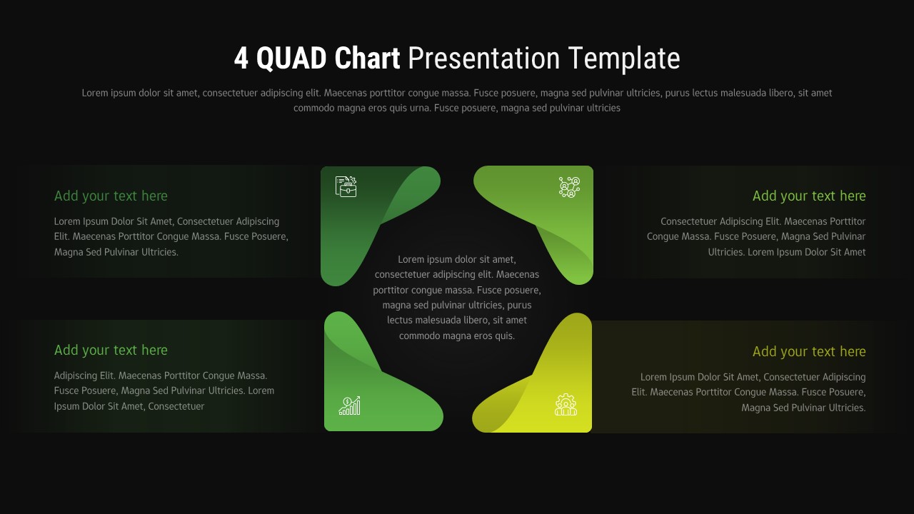 Dark theme 4 quad matrix PowerPoint Google Slides template with green puzzle piece design for business analysis