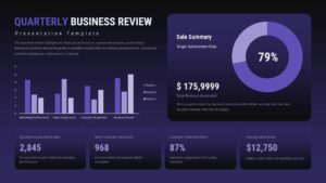 Dark theme quarterly business dashboard with purple charts and metrics