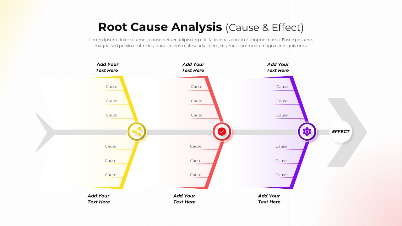 Root cause analysis fishbone diagram PowerPoint template with three colored branches for cause and effect analysis