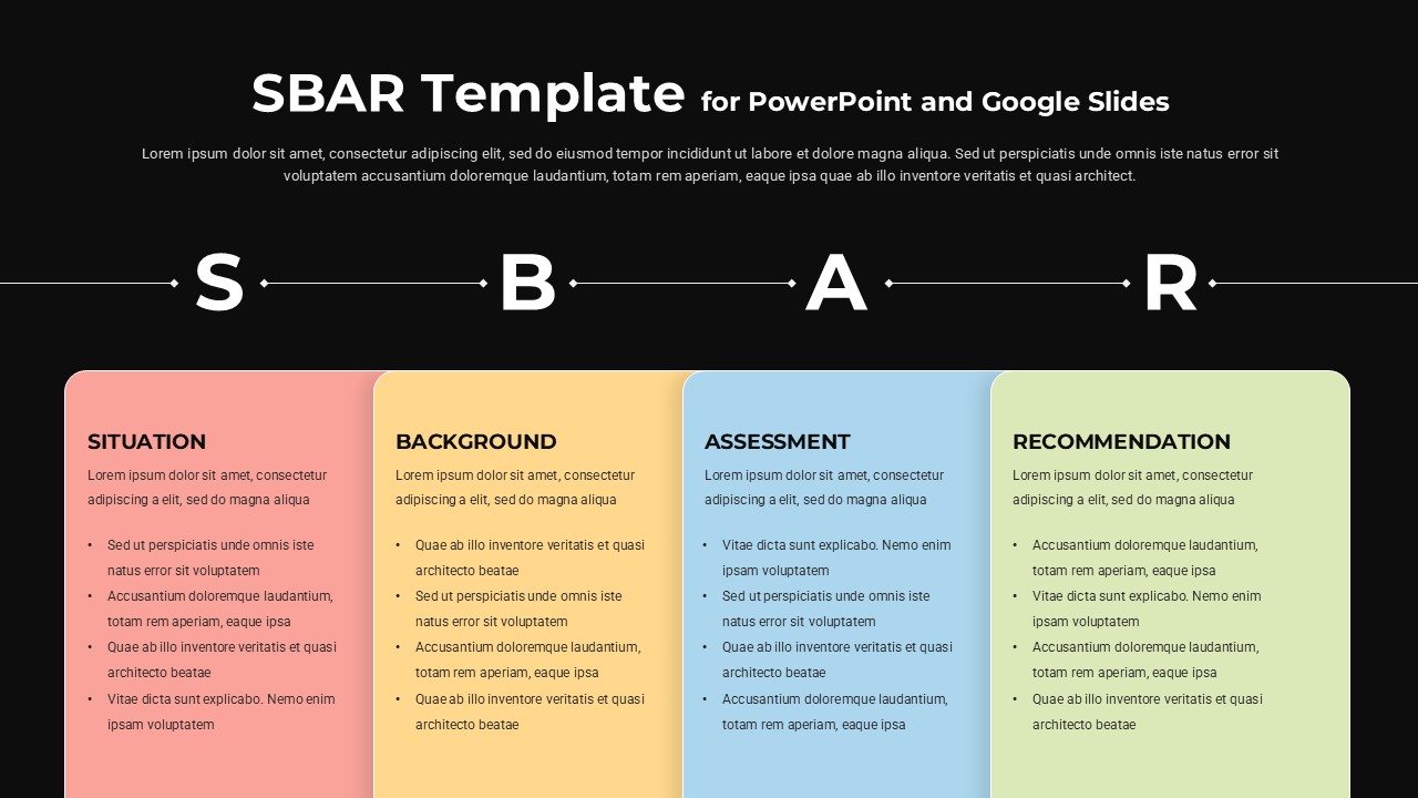 Dark theme SBAR PowerPoint template with horizontal flow design for professional communication and reporting