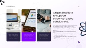 Data organization slide with analytics imagery and three-column layout