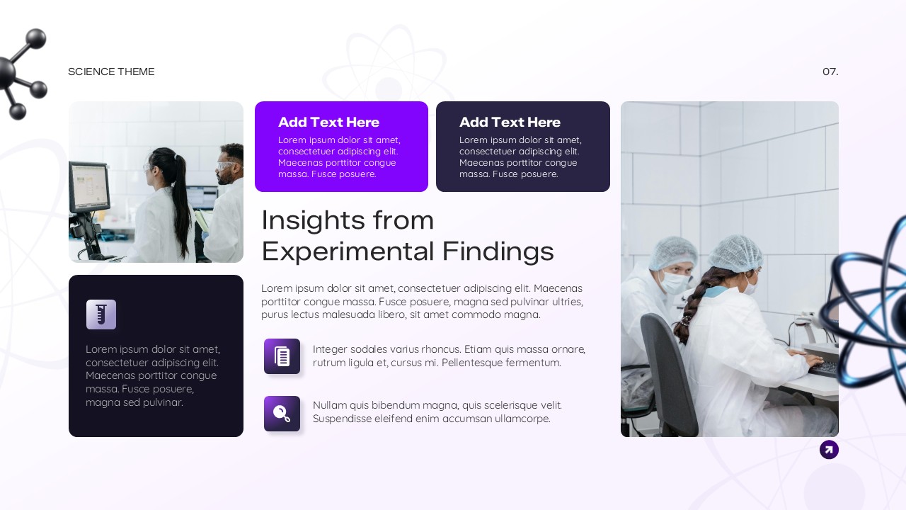 Experimental findings slide with laboratory scenes and multiple content sections
