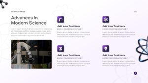 Modern science slide with robotic arm and scientific icons grid