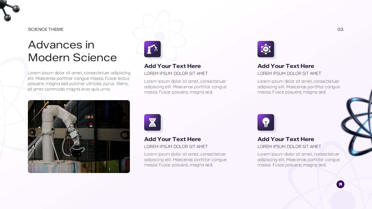 Modern science slide with robotic arm and scientific icons grid