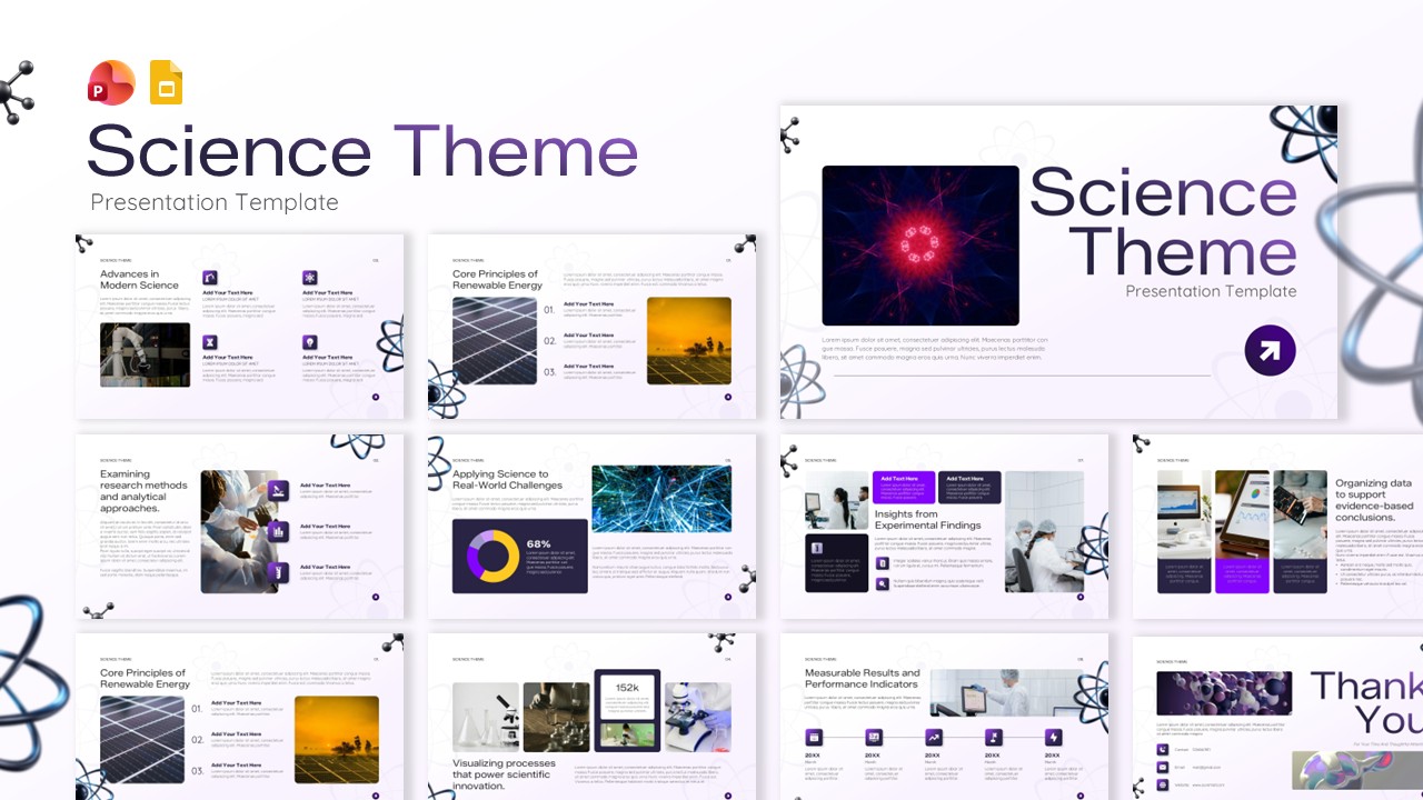 Science presentation template cover with particle burst and molecular graphics