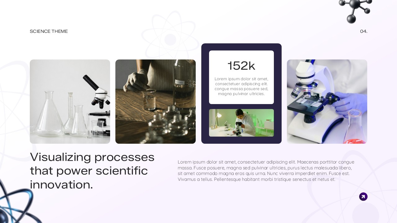 Process visualization slide with lab equipment and 152k statistic
