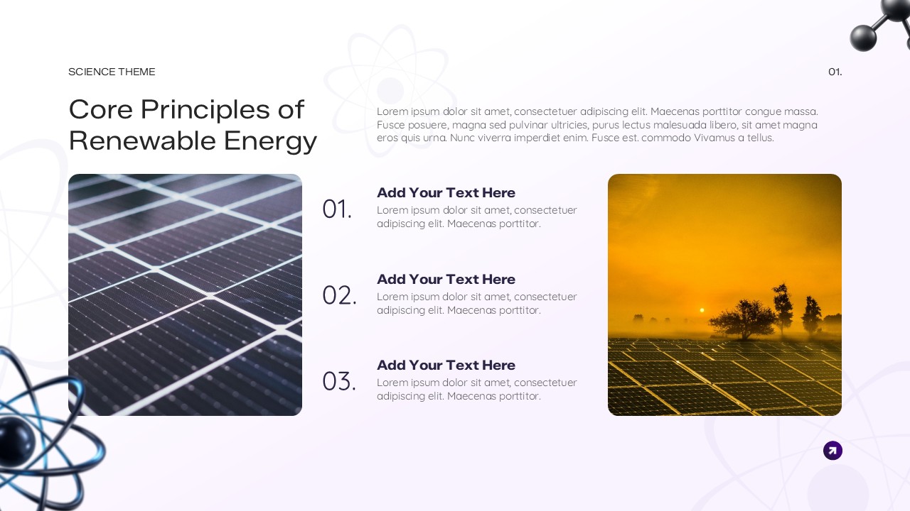 Renewable energy slide with solar panels and numbered content sections