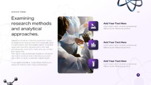 Research methods slide with laboratory scientists and purple icon boxes