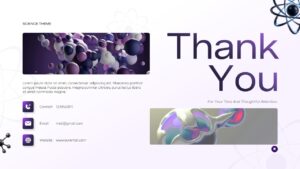 Thank you slide with 3D molecular visualization and contact information