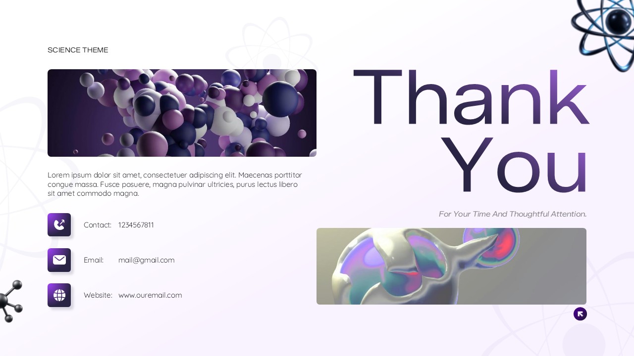 Thank you slide with 3D molecular visualization and contact information