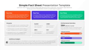 Light themed fact sheet template with business metrics and data sections