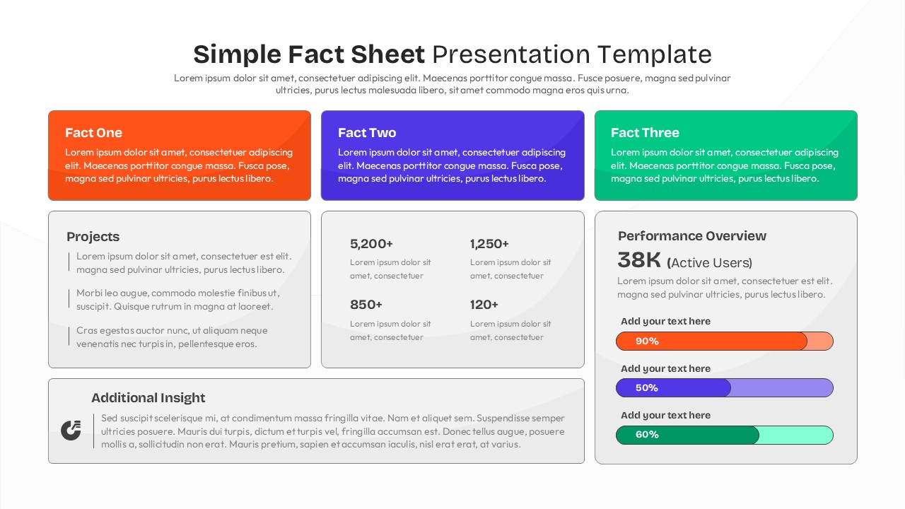 Light themed fact sheet template with business metrics and data sections