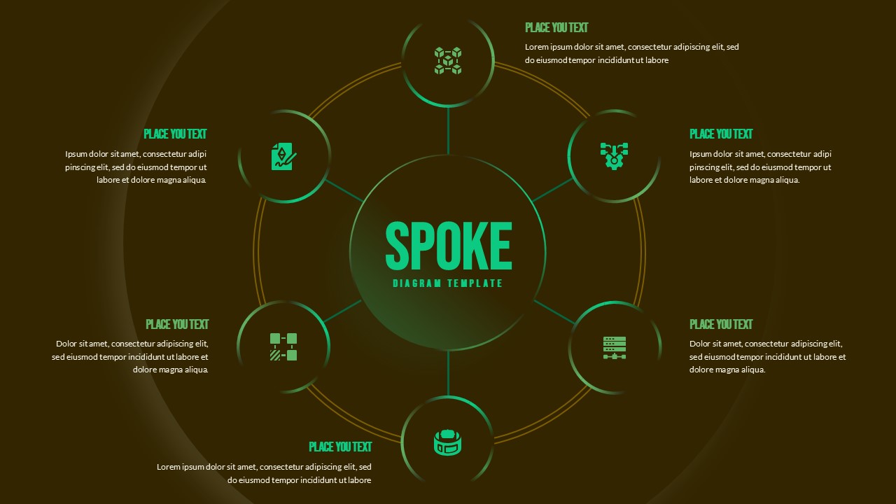 Dark-themed spoke diagram template with 6 nodes radiating from center hub, featuring green accents for business use