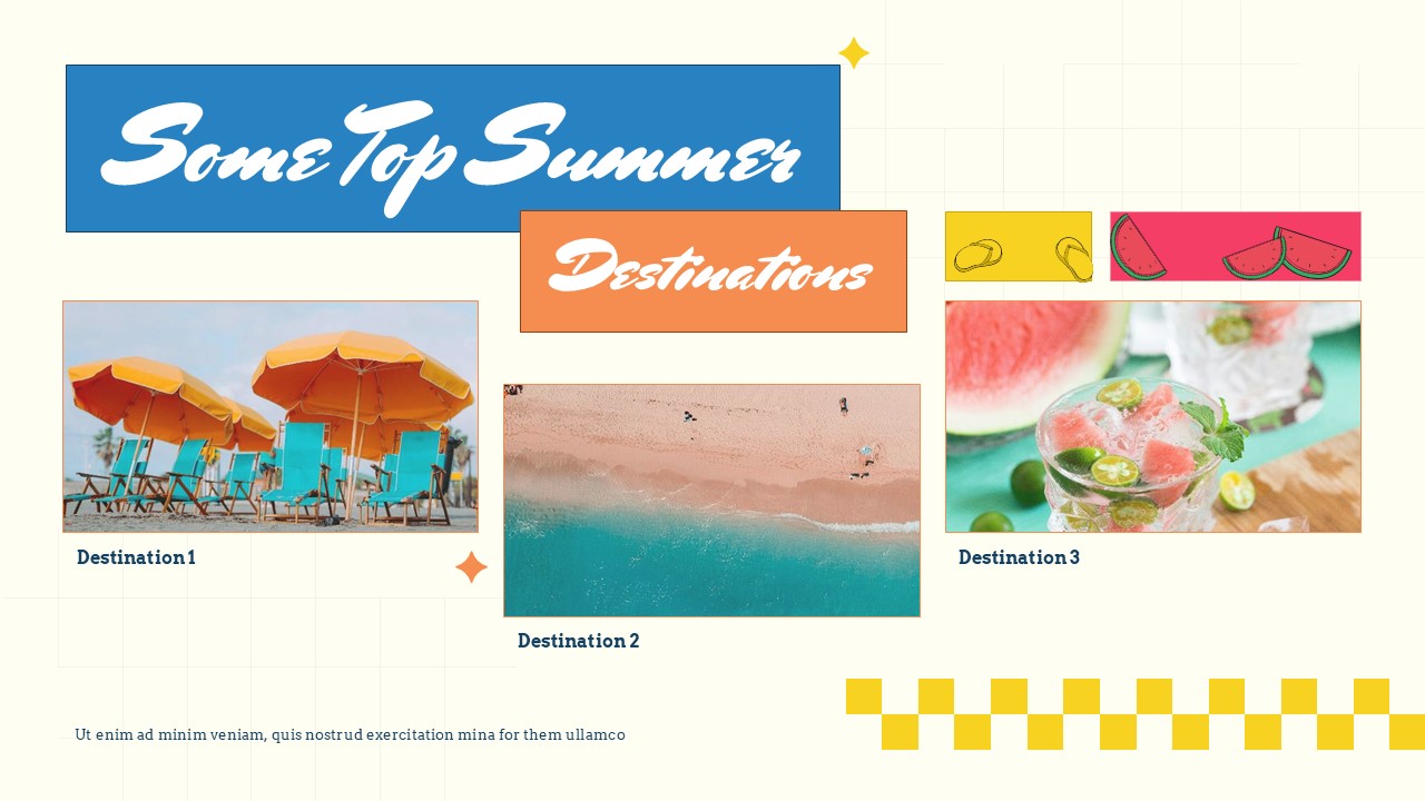 Seasonal activities slide with pool float imagery and activity icons for summer program or vacation presentations