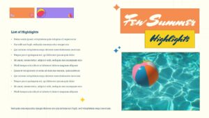 Summer destinations showcase slide featuring beach scenes and tropical drinks for travel presentation portfolios