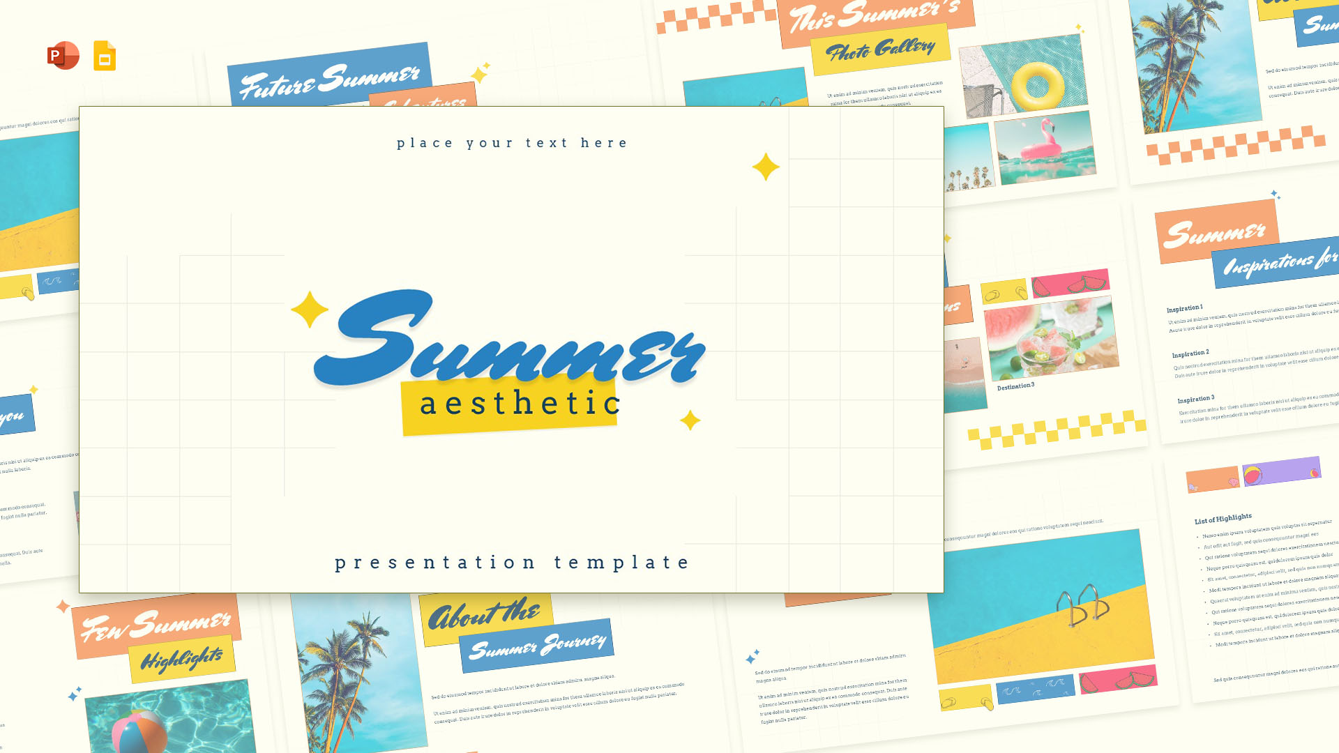 Summer aesthetic PowerPoint template cover slide with tropical colors, perfect for vacation or travel presentations