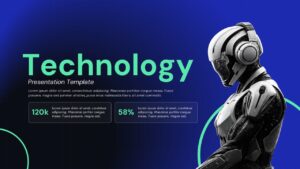 Split layout slide with robotic hand touching digital interface