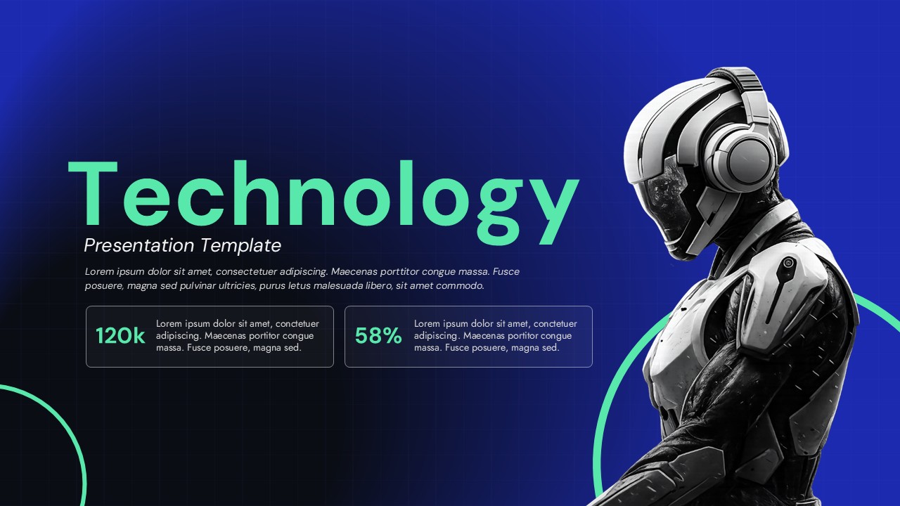 Split layout slide with robotic hand touching digital interface