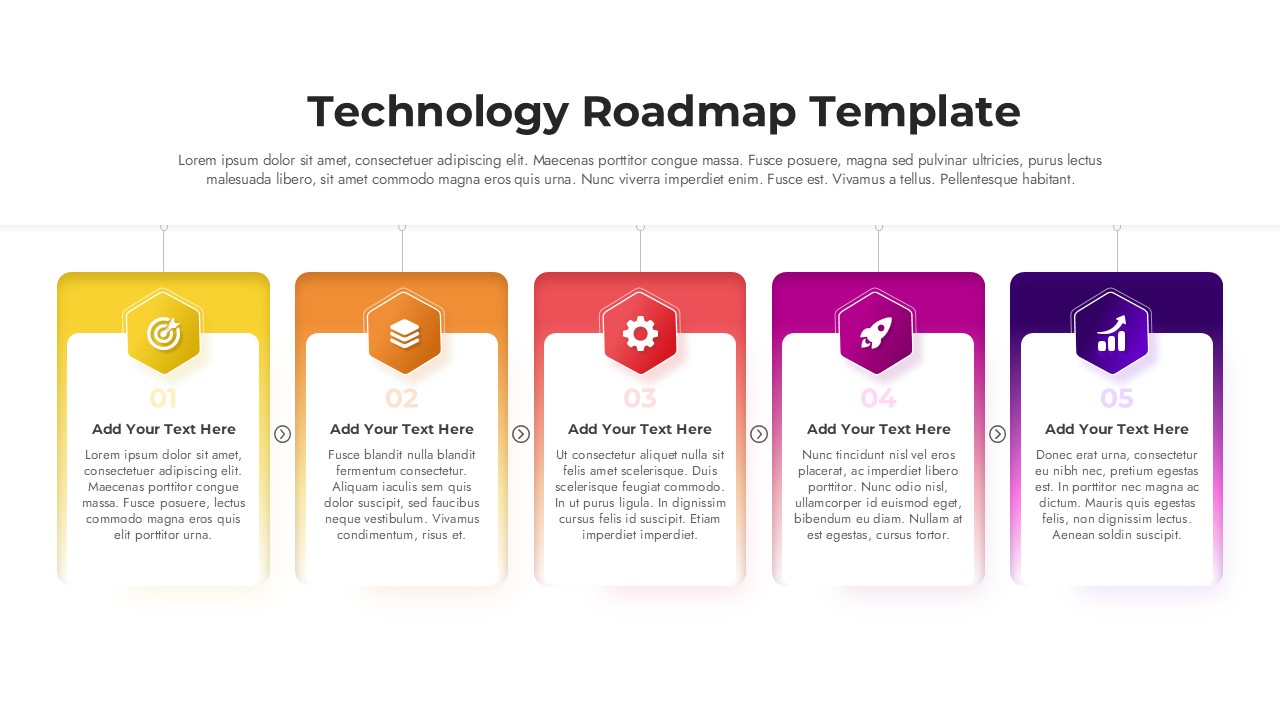 Technology roadmap template with 5-step horizontal process flow, colorful gradient headers from yellow to purple