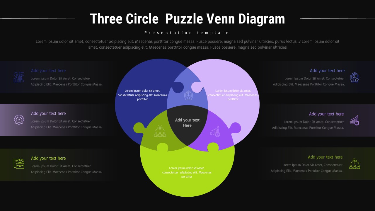 Dark theme three-circle puzzle Venn diagram with same navy, green, purple colors on black background, identical layout