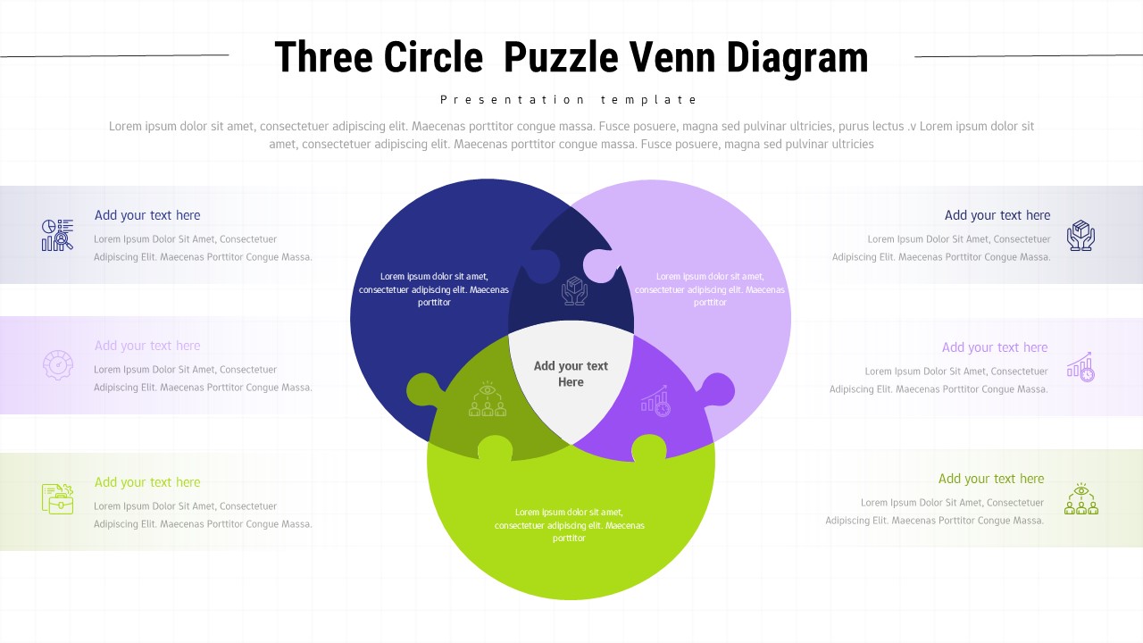 Three-circle puzzle piece Venn diagram with navy, green, purple colors on white background, six text placeholders
