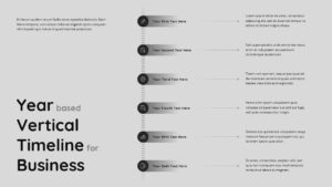Light vertical timeline template with 6 dark circular markers connected by dotted line on white background