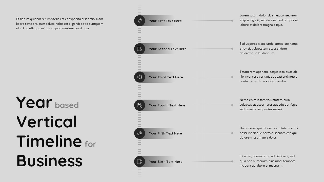 Light vertical timeline template with 6 dark circular markers connected by dotted line on white background