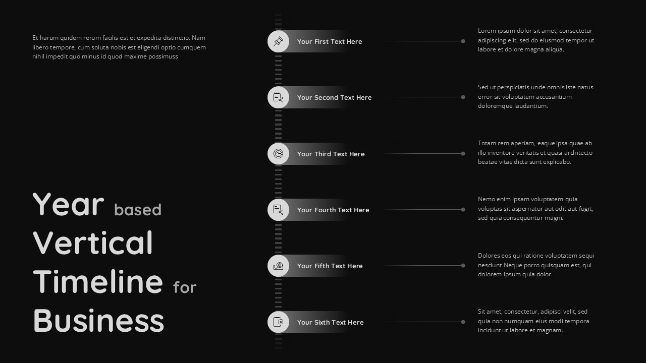 Dark vertical timeline template with 6 gray circular markers connected by dotted line on black background