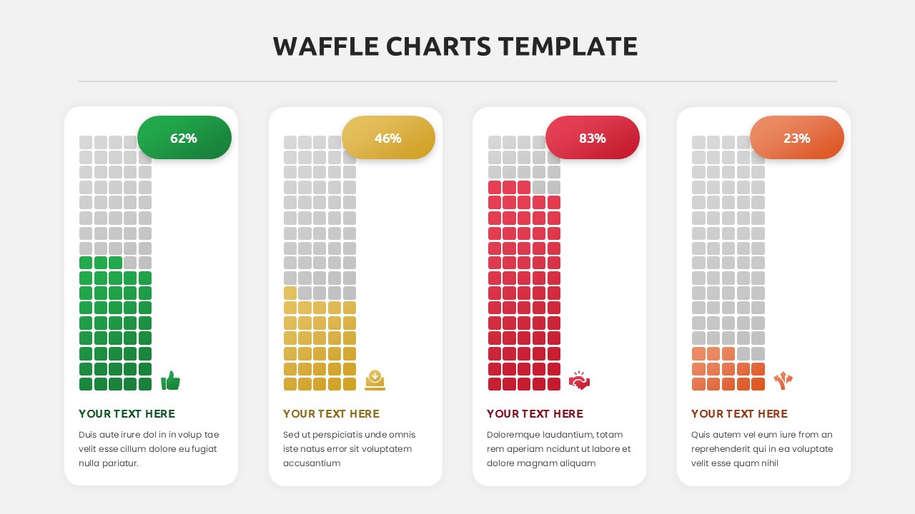 Four waffle charts showing percentages 62%, 46%, 83%, 23% in green, yellow, red, orange on white background