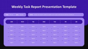 Dark purple weekly task planner template with daily task slots, name/date fields for business planning presentations