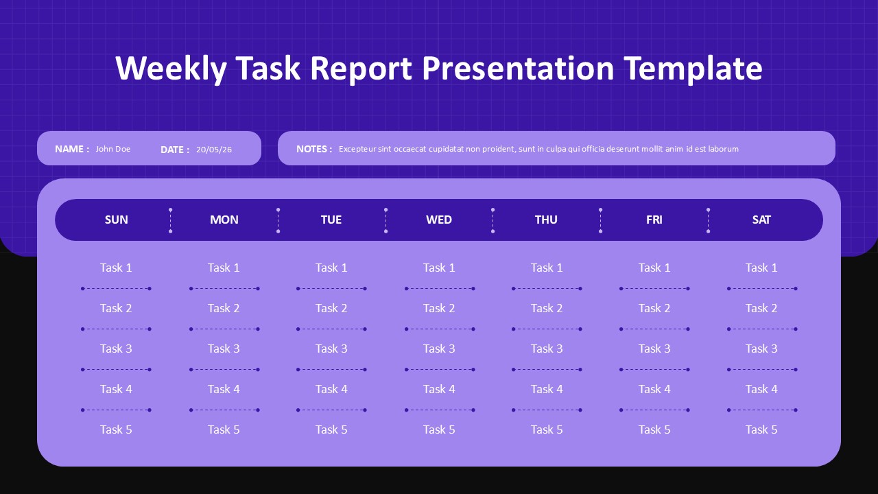 Dark purple weekly task planner template with daily task slots, name/date fields for business planning presentations