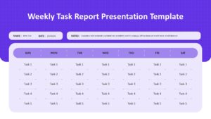 Weekly task report PowerPoint template with purple design, 7-day grid layout for organizing daily tasks and activities