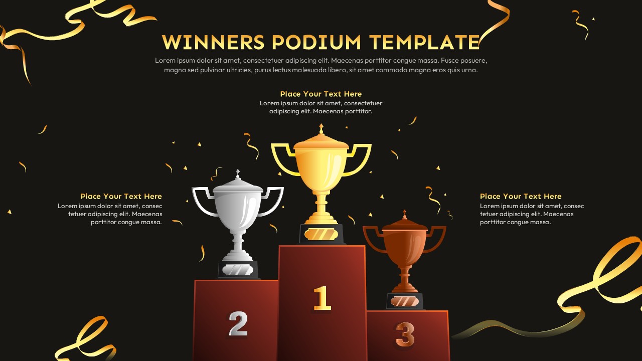 Dark elegant winners podium template with gold ribbons - perfect for announcing top performers at company awards ceremony