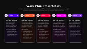 Dark theme work plan template with 5 vibrant gradient steps on black background showing identical process flow layout