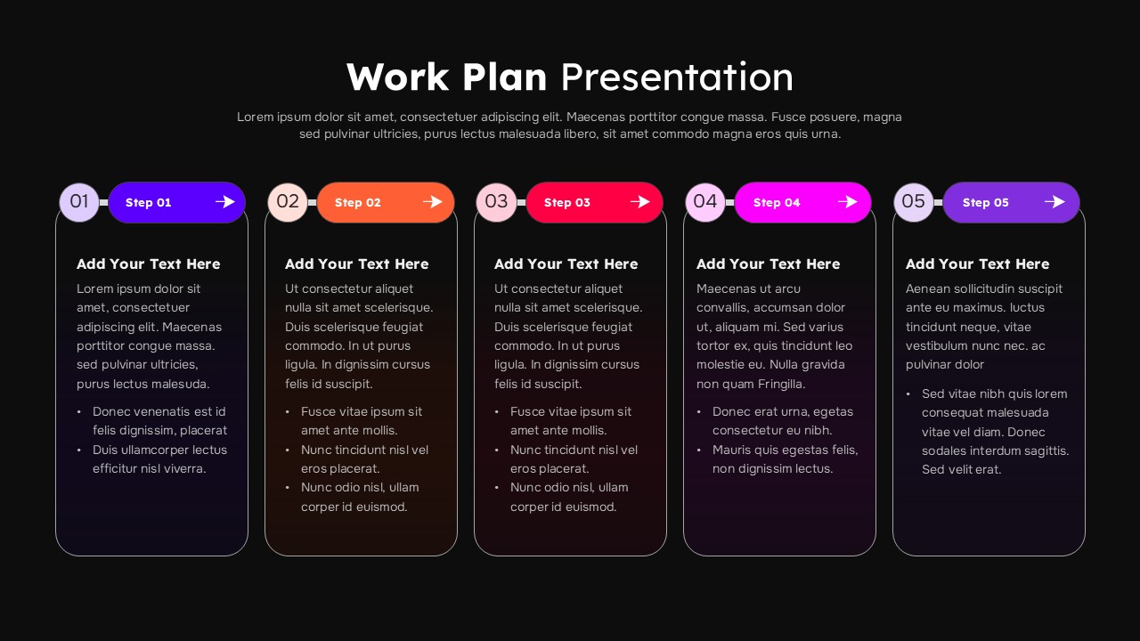 Dark theme work plan template with 5 vibrant gradient steps on black background showing identical process flow layout