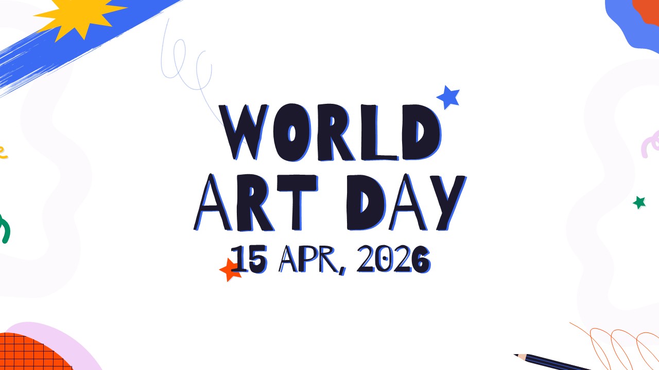 World Art Day presentation slide with navy blue text, colorful paint strokes, stars, and pencil graphics on white background