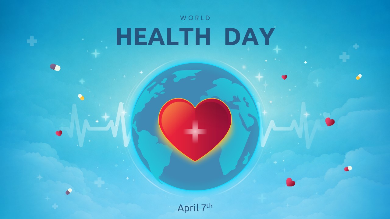 World Health Day PowerPoint template with globe, medical heart, and April 7th