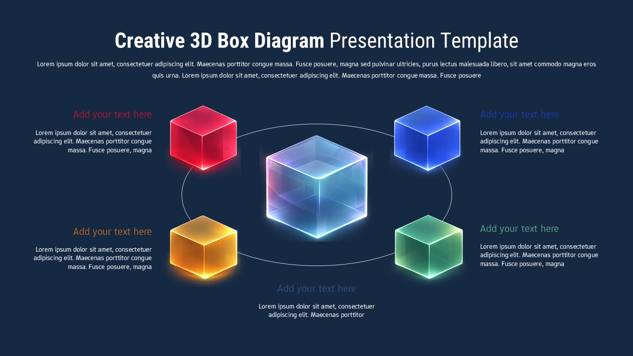 Dark version of 3D box diagram template with glowing cubes and navy background for high-impact business presentations