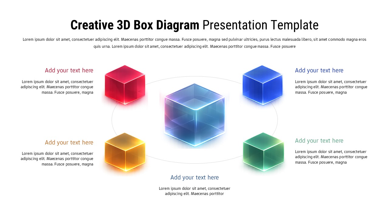 Creative 3D box diagram template with central translucent cube connected to four colored cubes for process presentations