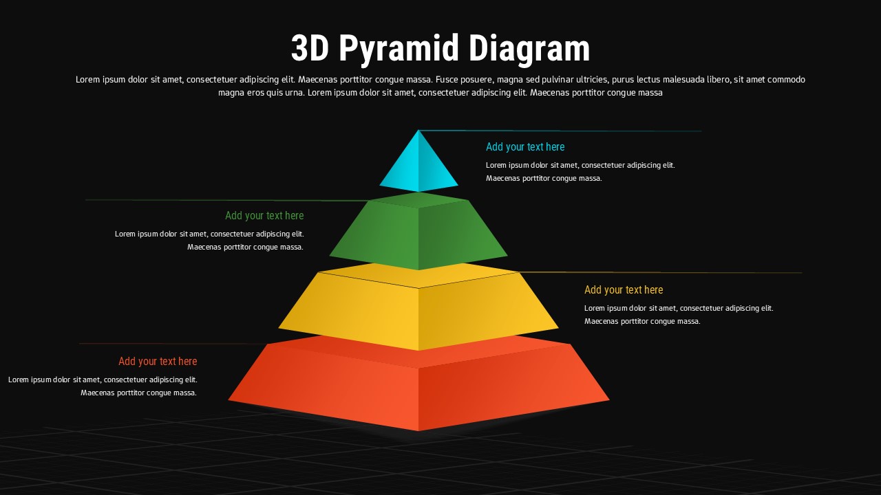 Dark theme 3D pyramid Google Slides template with colorful 4-level hierarchy and white text placeholders