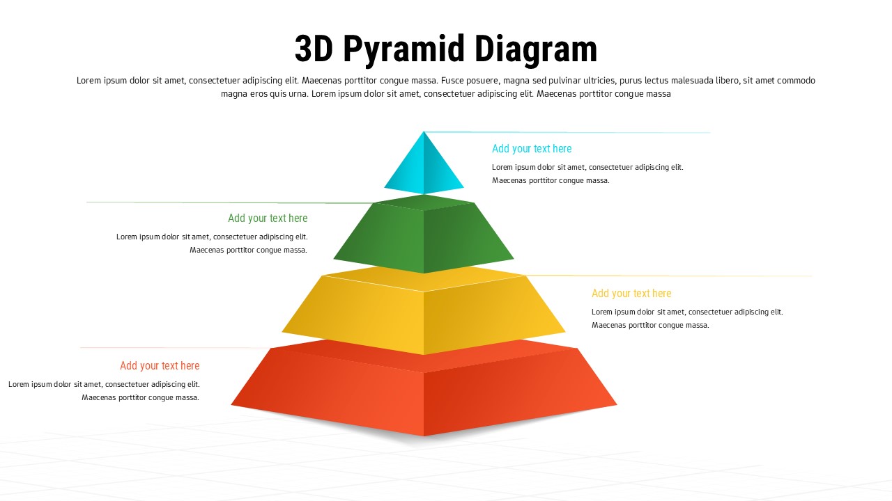 3D pyramid PowerPoint template with 4-tier hierarchy diagram and text placeholders on light background