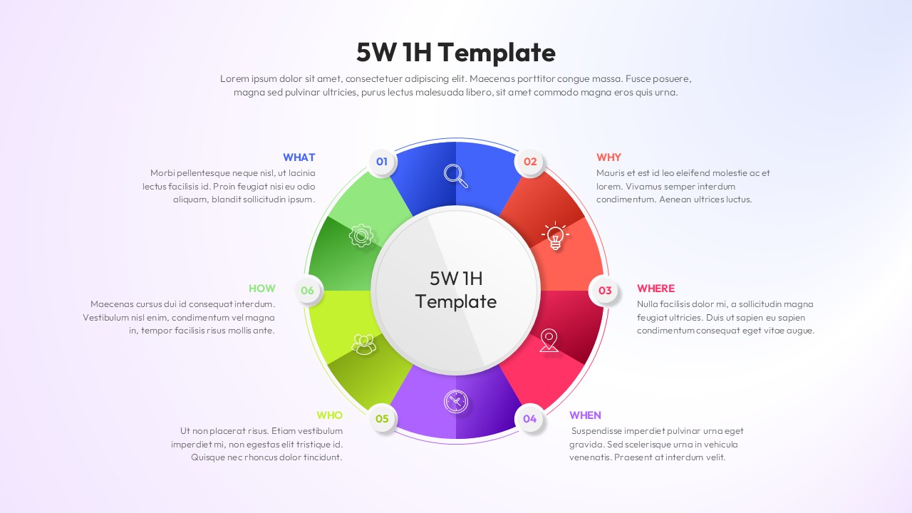Business team uses colorful 5W1H circular diagram on light background to systematically break down complex project challenges