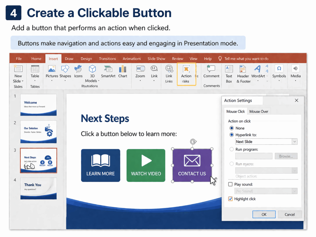 PowerPoint slide showing how to create a clickable button using action settings, with example buttons like ‘Learn More,’ ‘Watch Video,’ and ‘Contact Us,’ and the Action Settings dialog open to assign a hyperlink.