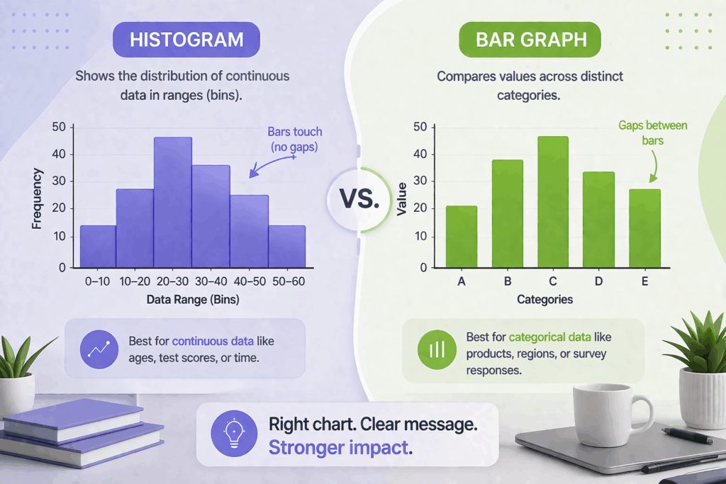 Infographic comparing a histogram and a bar graph histogram shows continuous data with touching bars, while bar graph shows categorical data with gaps between bars.