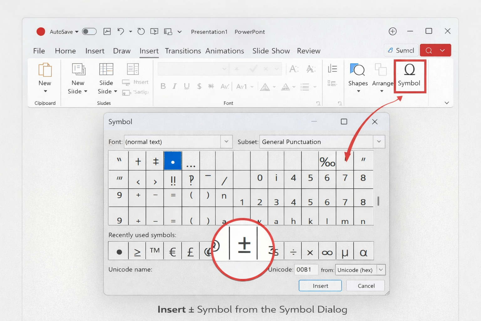 Screenshot of Microsoft PowerPoint showing the “Insert” tab with the “Symbol” button highlighted. A Symbol dialog box is open, displaying various characters, with the plus-minus (±) symbol circled and an arrow indicating how to select and insert it.