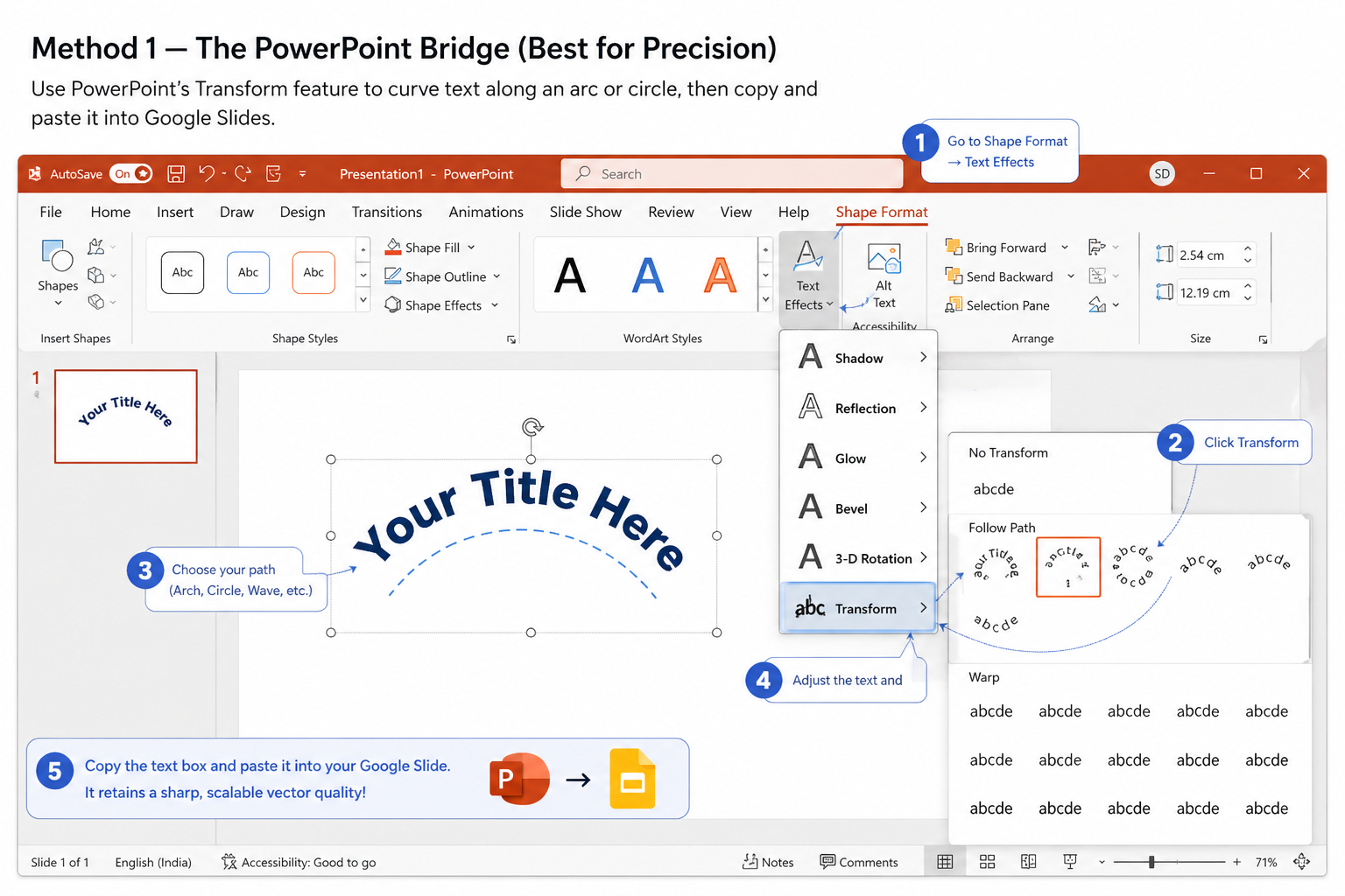 PowerPoint Transform menu showing how to curve text into an arc