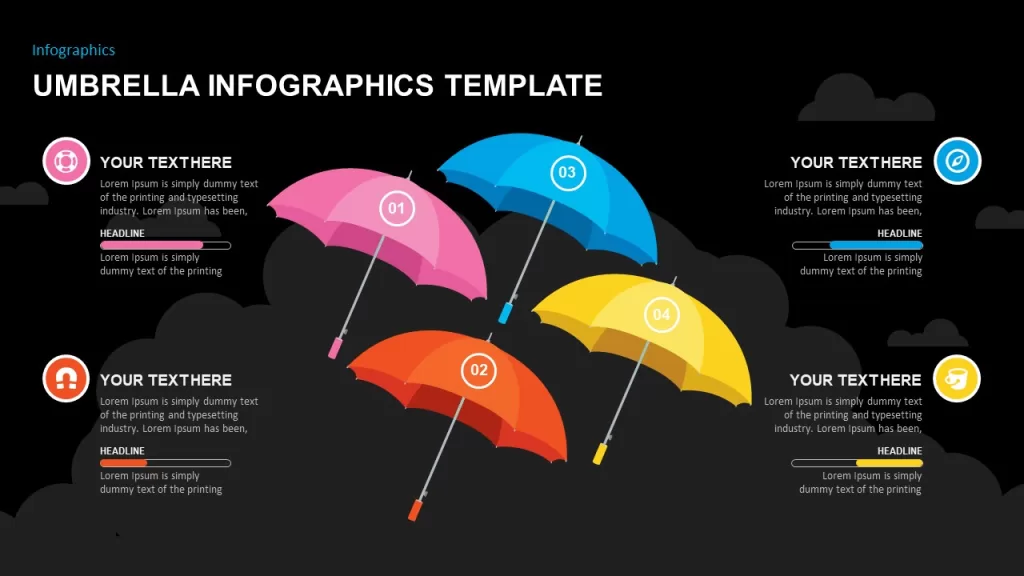 modern infographic layout featuring four umbrellas in different colors used to illustrate grouped concepts or key points visually