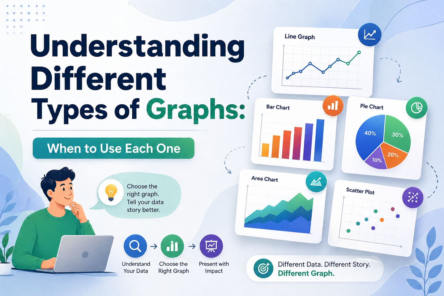 Illustration showing different types of graphs including line graph, bar chart, pie chart, area chart, and scatter plot, explaining when to use each for data visualization.