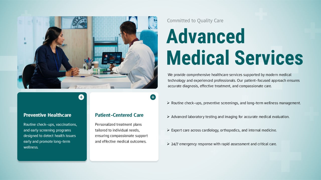 Medical consultation highlighting advanced preventive healthcare and 24/7 emergency response capabilities