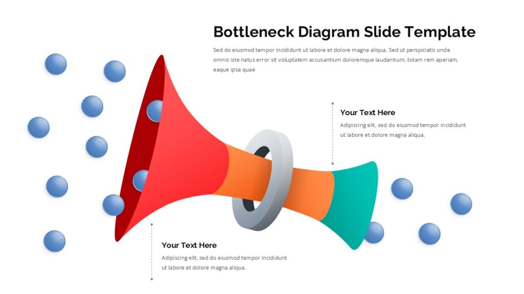 bottleneck diagram infographic showing flow of elements narrowing through a central constraint and expanding again to illustrate process limitations